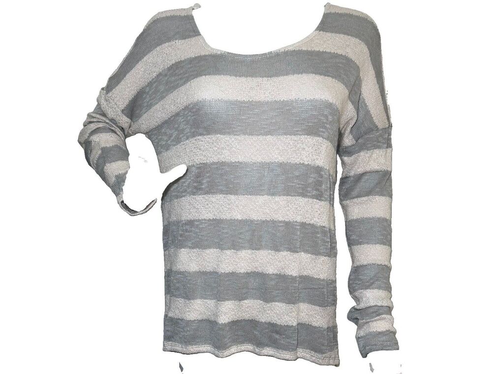 American Rag Cie Sweater Womens S Gray Cream Striped Lace Back Metallic Knit